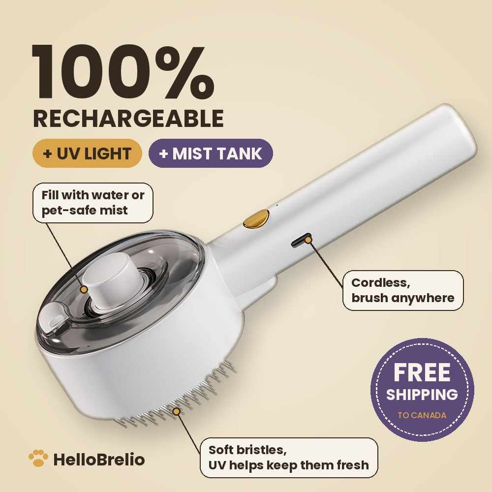 HelloBrelio self-cleaning UV pet grooming brush in white with mist tank and USB charging
