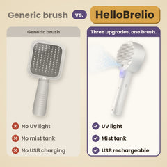 HelloBrelio brush compared with a generic brush: UV light, mist tank and USB rechargeable