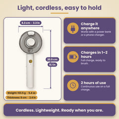 HelloBrelio brush size and charging: 20.5 cm long, 153.5 g, charges in 1-2 hours