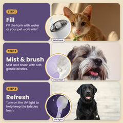Three easy steps to use the HelloBrelio brush: fill the tank, mist and brush, refresh with UV light